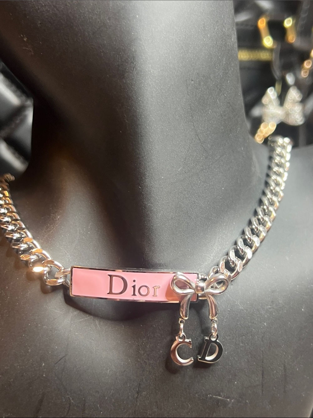 Silver Pink Enamel Logo Chain Necklace with CD Charms